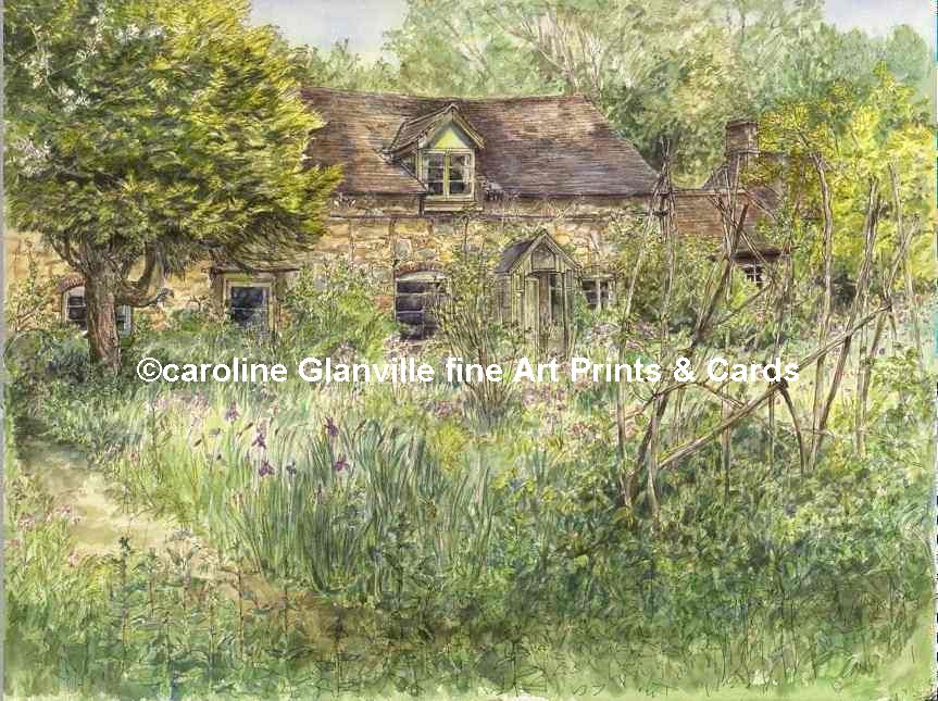 Old Shropshire cottage with bean sticks, painting by Caroline Glanville